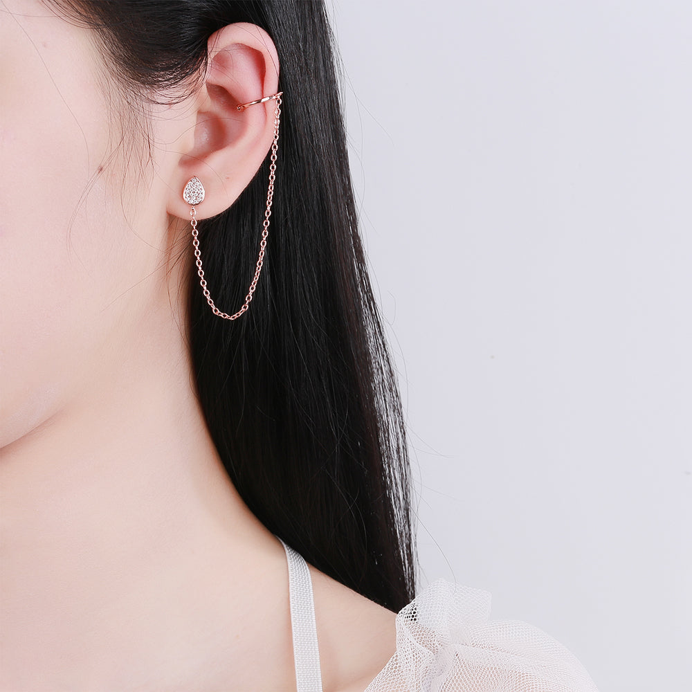 14K Rose Gold Over Sterling Silver Ear Cuff to Water Drop Stud Earrings