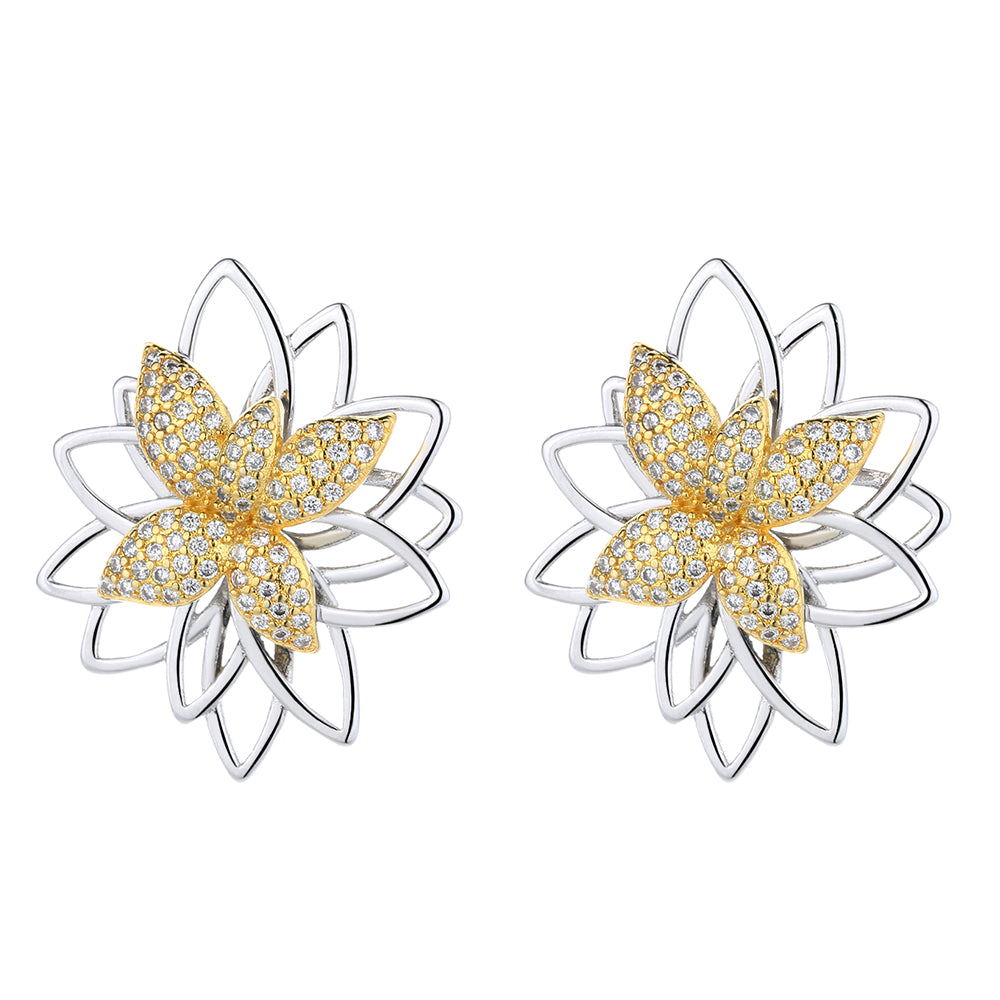 Lotus Flower Two Tone Earring Studs with Crystals