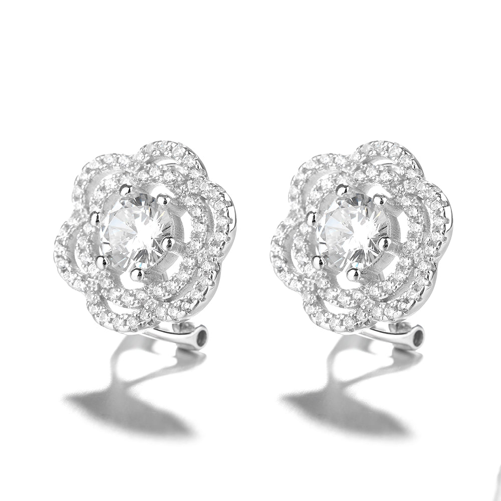 Sterling Silver Omega Flower Stud Earrings With Simulated Diamonds