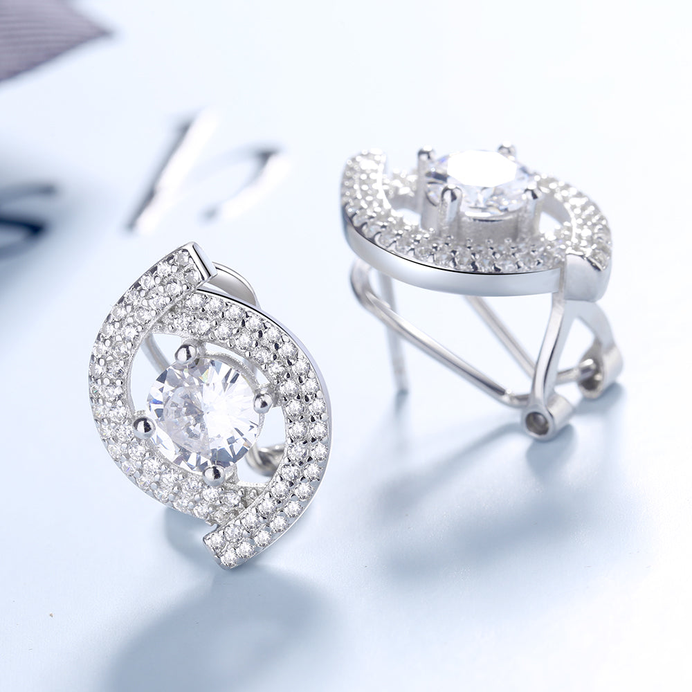 14K Rose Gold and 14K White Gold Two Row Halo Omega Backing Earrings
