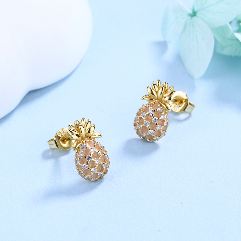 Amy and Annette 18K Gold Pineapple Studs with Simulated Diamonds