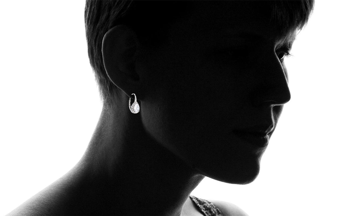 Amy and Annette Sterling Silver Pear Omega Lever-back Halo Earring
