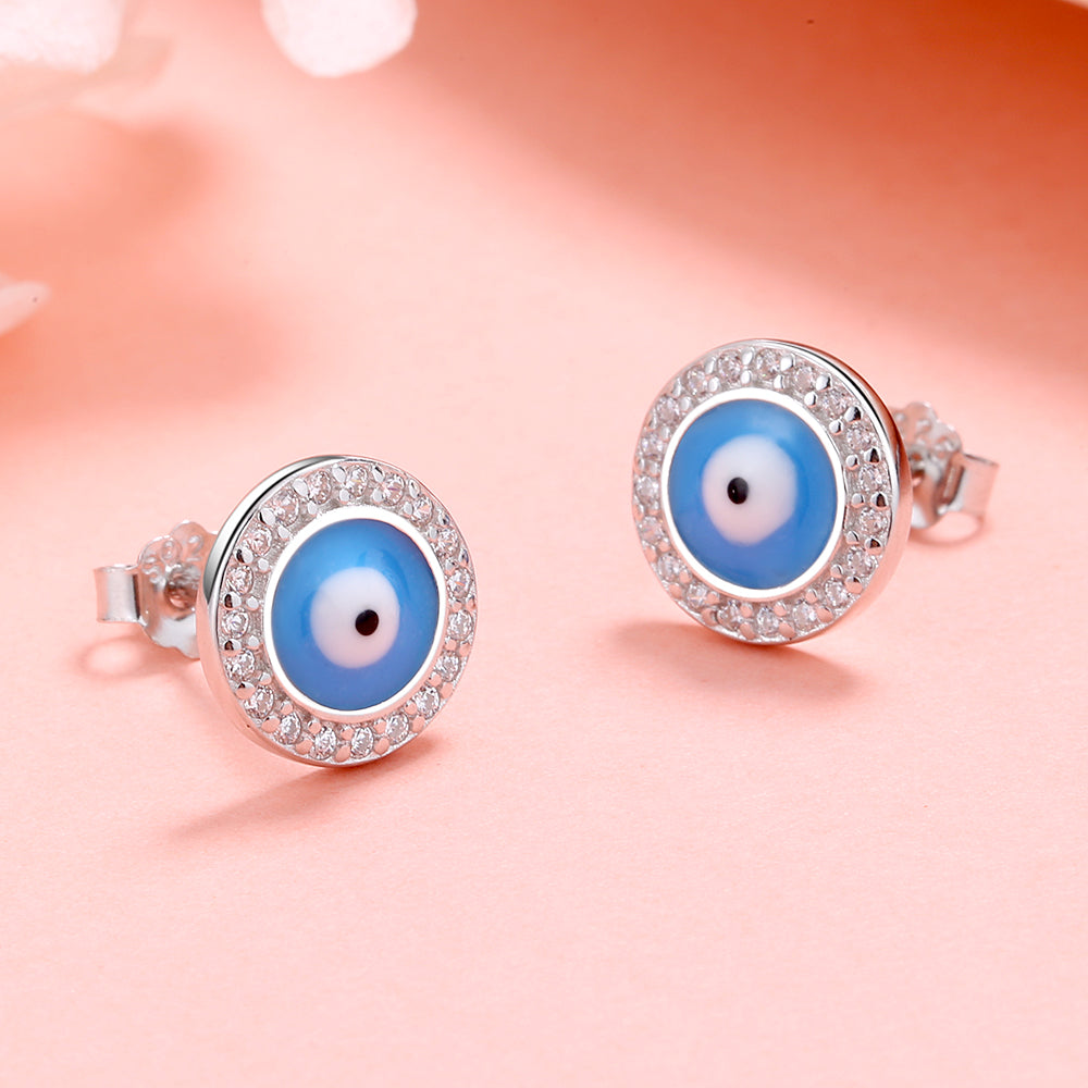 Sterling Silver Evil Eye Earrings with Simulated Diamonds
