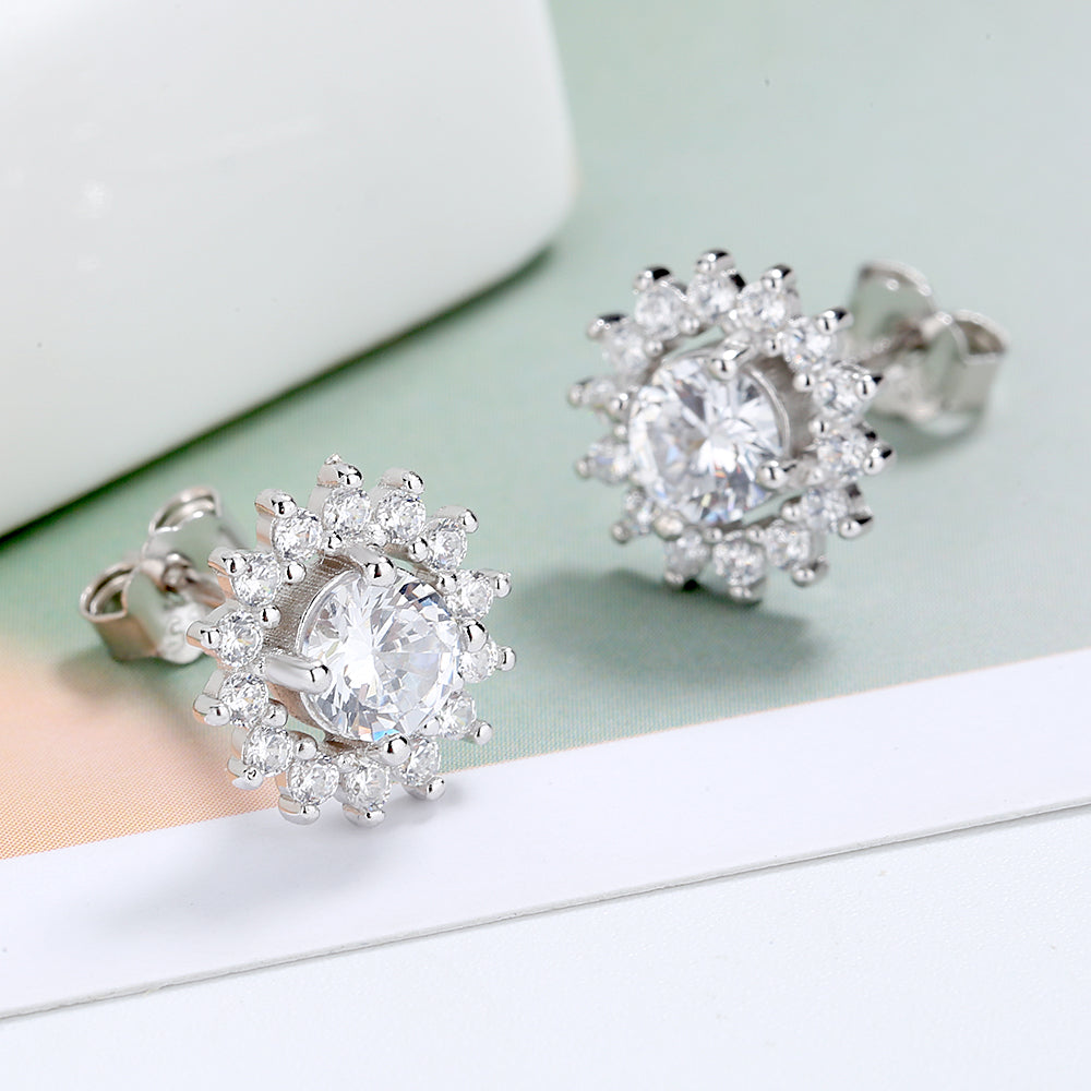 Simulated Diamond Sterling Silver Halo Flower Stud Earrings