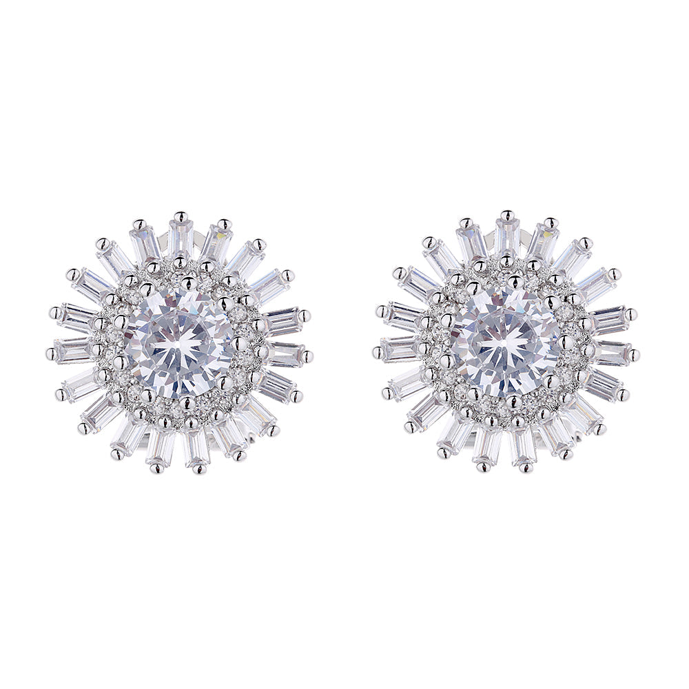 Simulated Diamond Brilliant and Emerald Cut Double Halo Stud Earrings in 14K White Gold