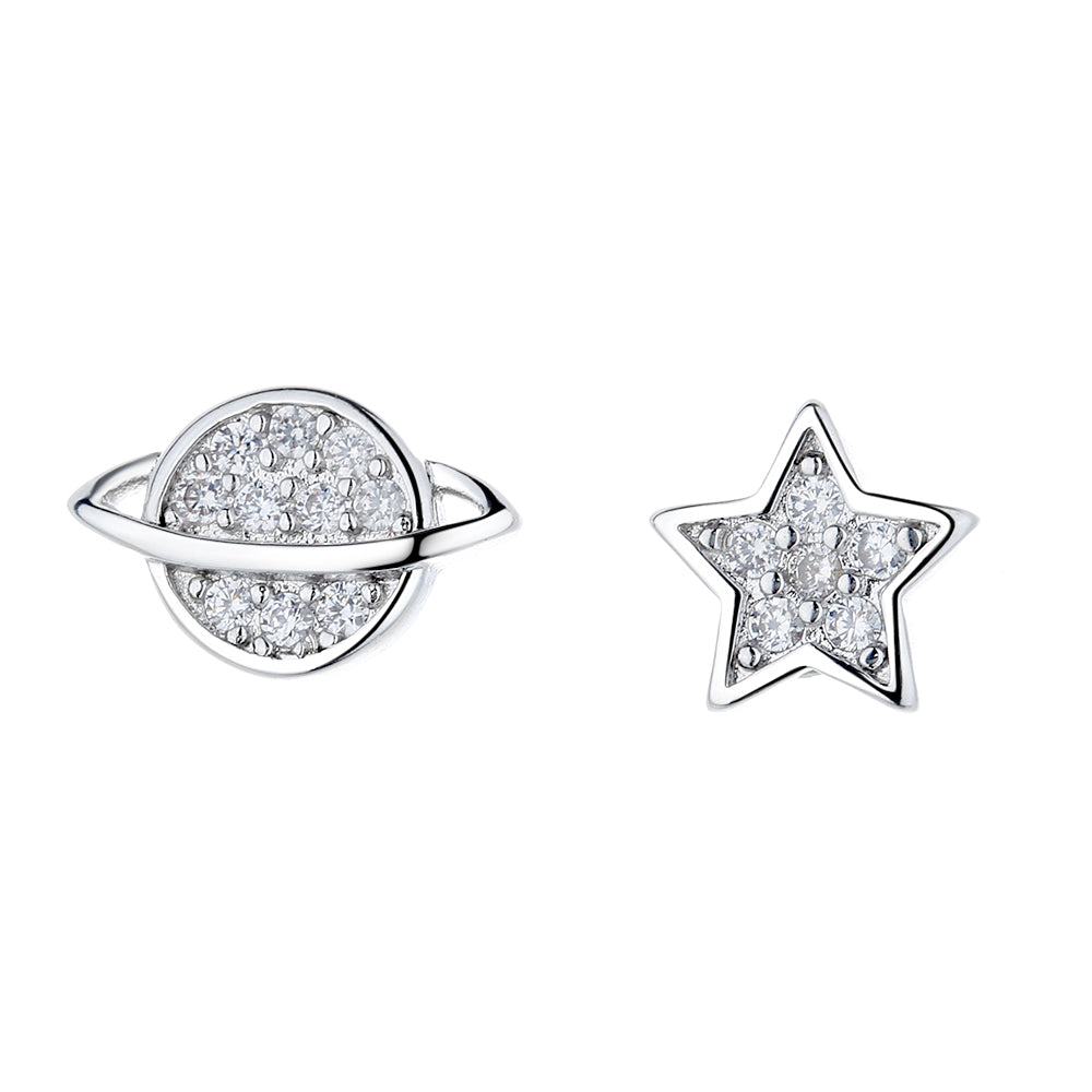 Sterling Silver Star and Planet Earrings with Simulated Diamonds