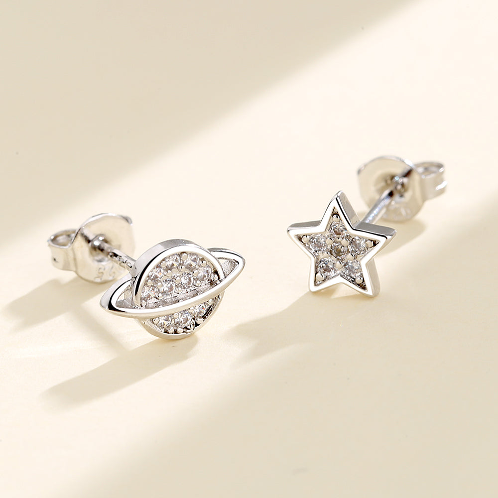 Sterling Silver Star and Planet Earrings with Simulated Diamonds