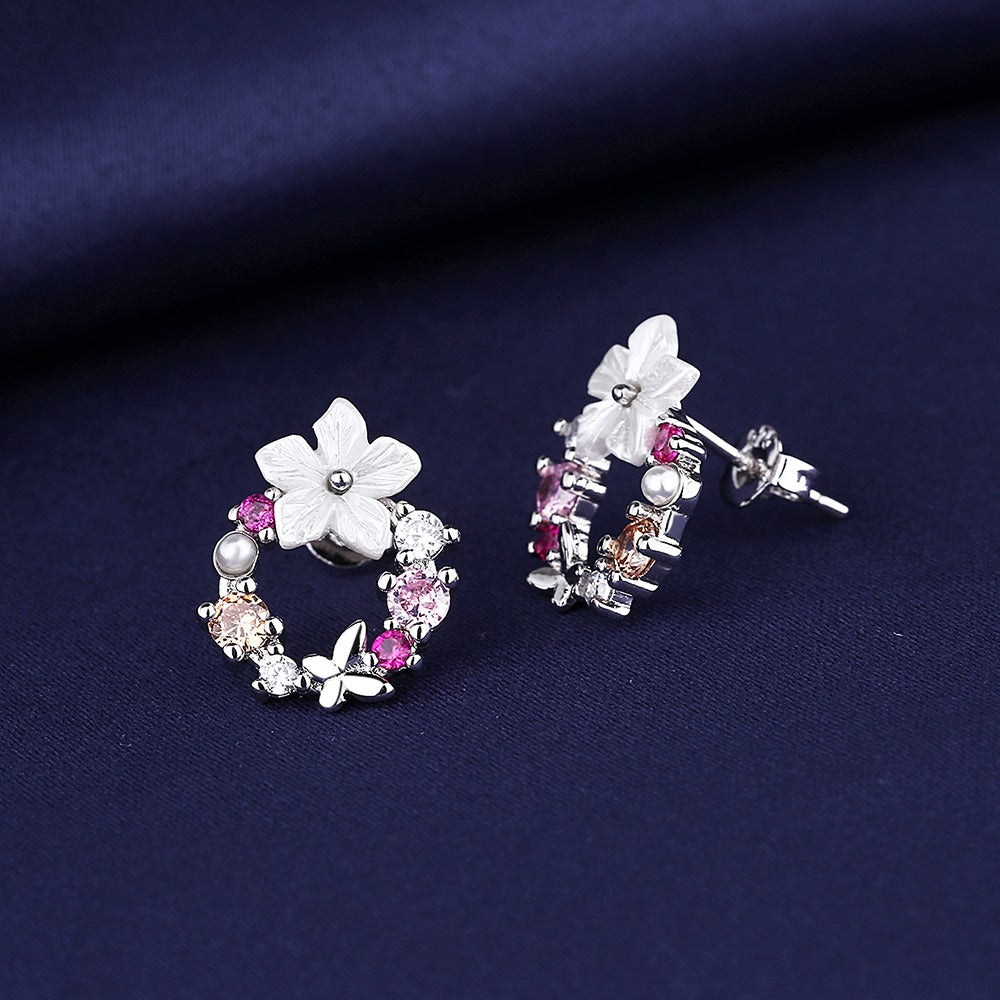 14K Gold and  Sterling Silver Opal and Resin Open Flower earrings with Crystals