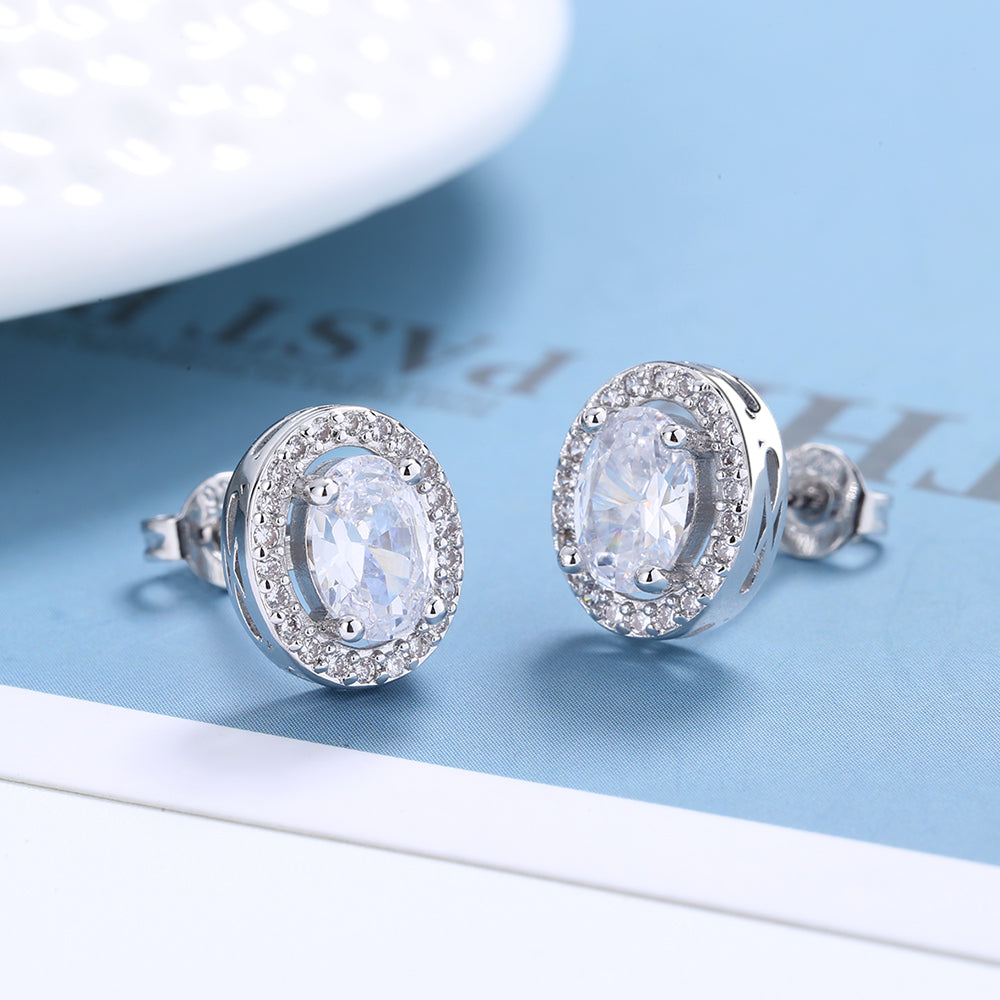 Sterling Silver Oval Halo Earrings with crystals