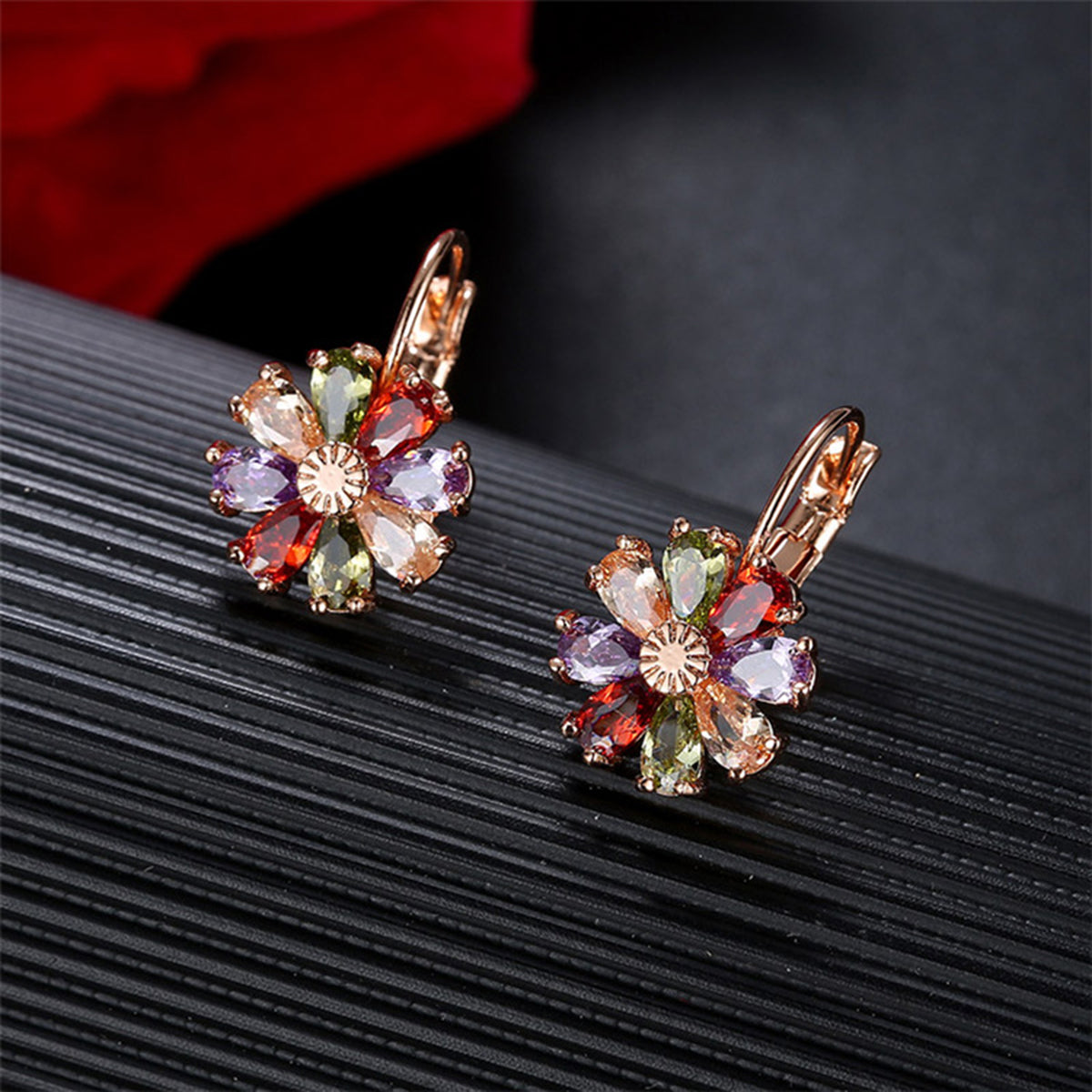 Sapphire and Multi-Color Flower Drop Leverback Earrings with Crystals