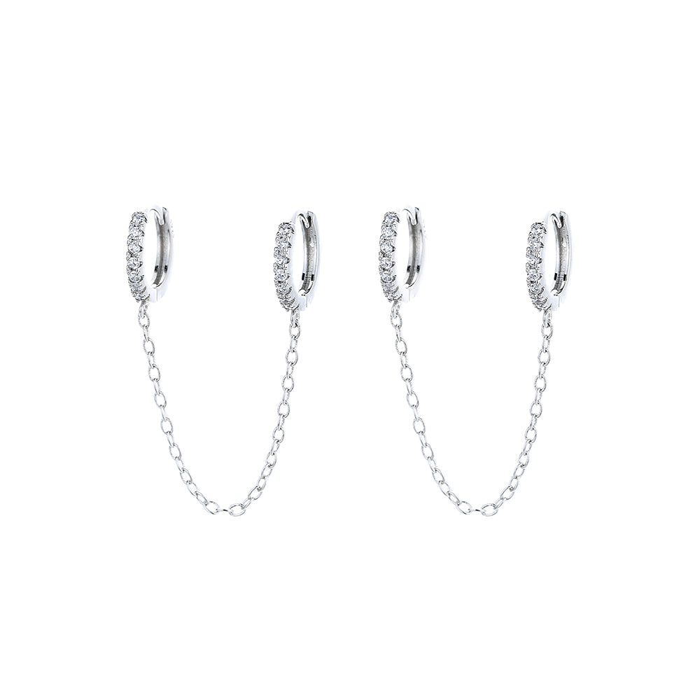 14k Gold and Sterling Silver Double Huggie Chain Earrings with Crystals