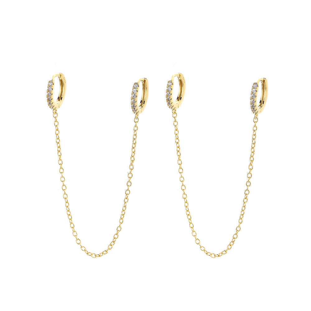 14k Gold and Sterling Silver Double Huggie Chain Earrings with Crystals