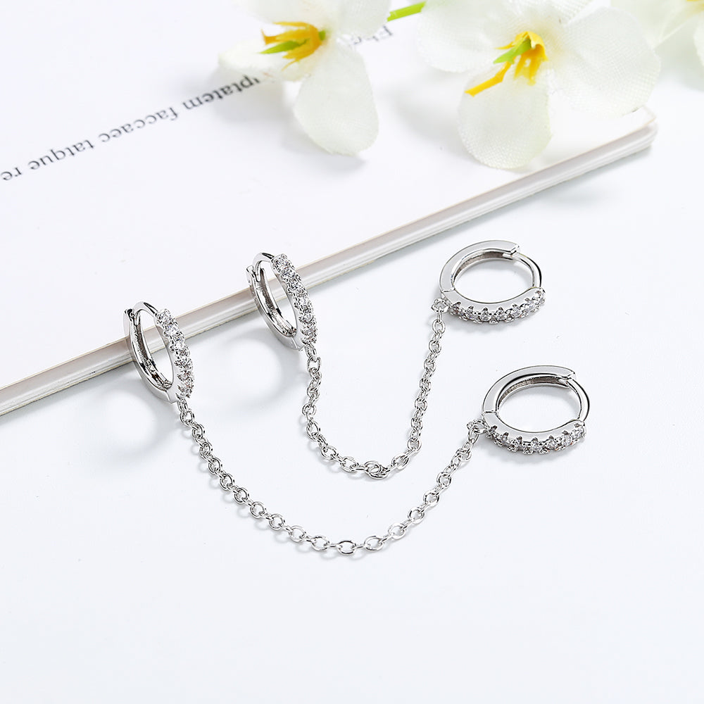 14k Gold and Sterling Silver Double Huggie Chain Earrings with Crystals