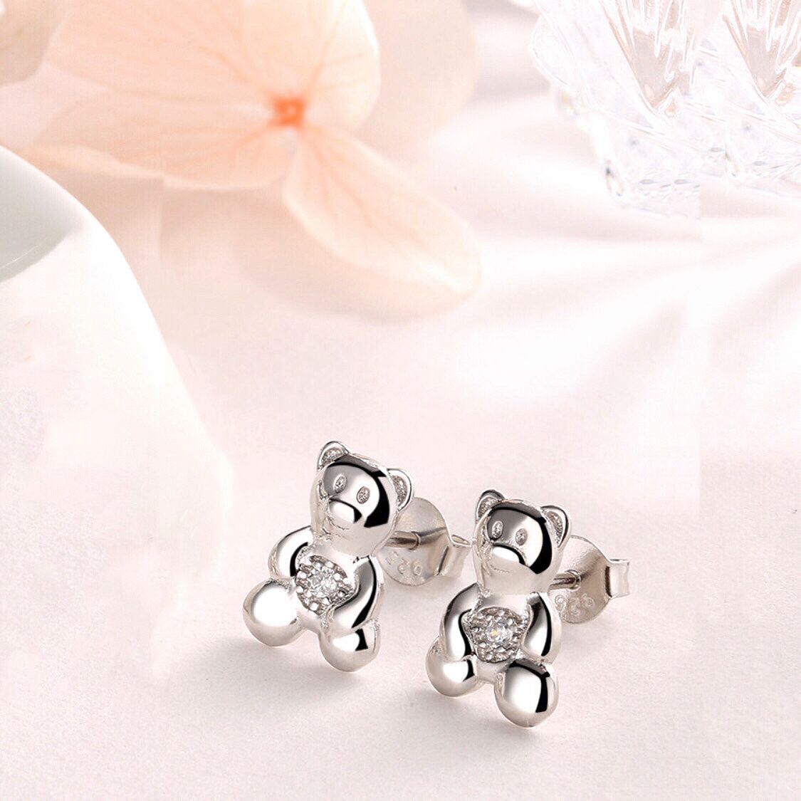 Amy and Annette Sterling Silver Bear Earrings with Simulated Diamonds