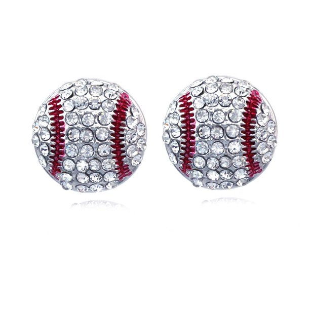 Silver-Tone Baseball Stud earring with Simulated Diamonds