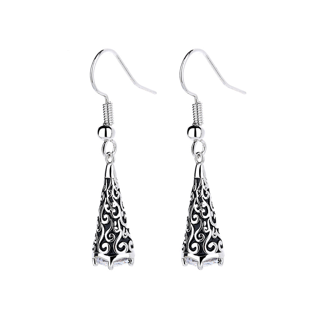 Bali Filigree Artisan Cone Drop Earrings with Simulated Diamonds