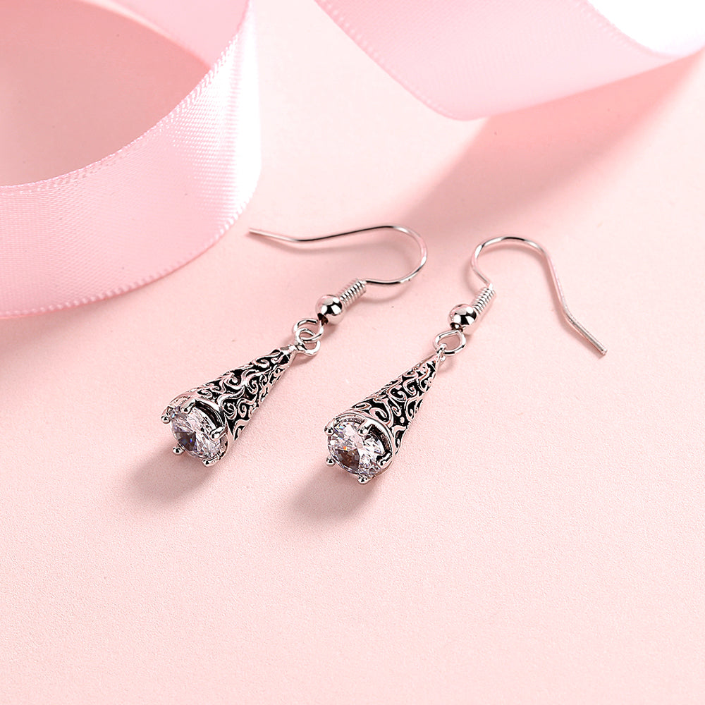 Bali Filigree Artisan Cone Drop Earrings with Simulated Diamonds