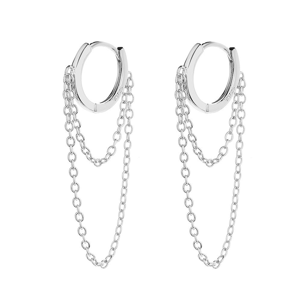14K Gold Huggie Hoop Double Chain Drop Earring