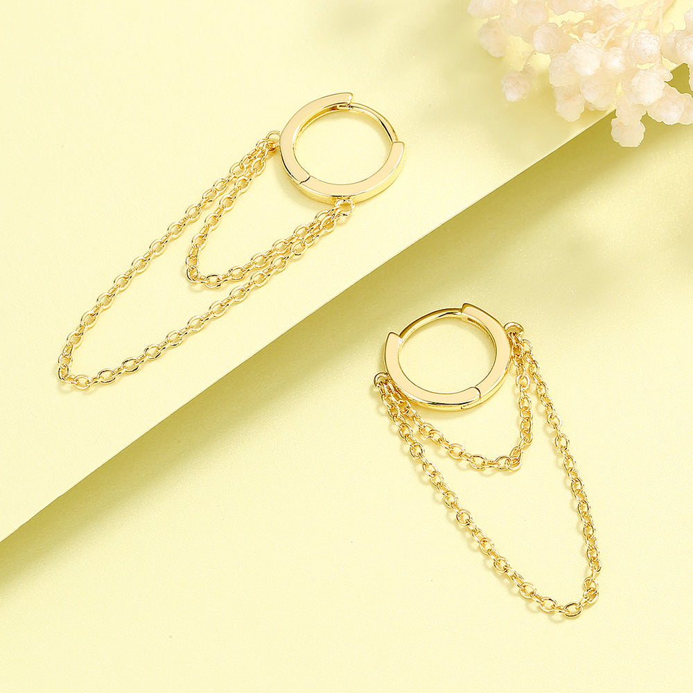 14K Gold Huggie Hoop Double Chain Drop Earring