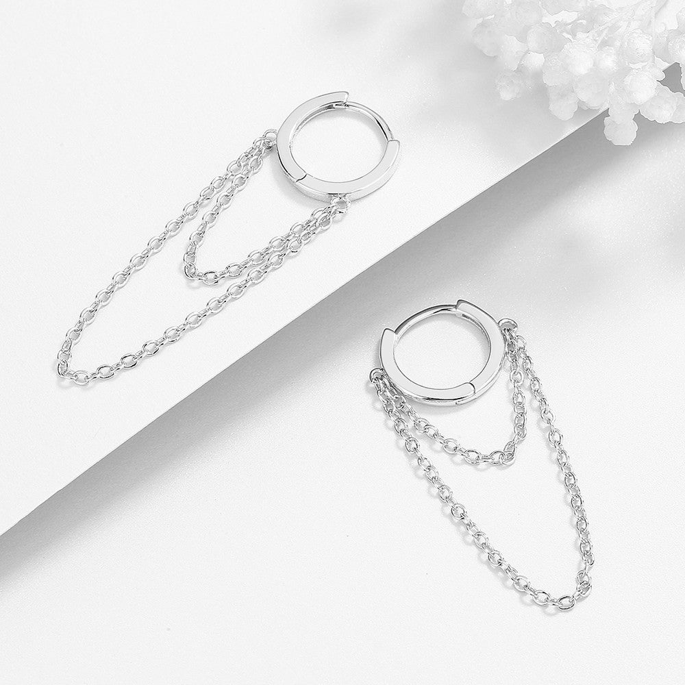 14K Gold Huggie Hoop Double Chain Drop Earring