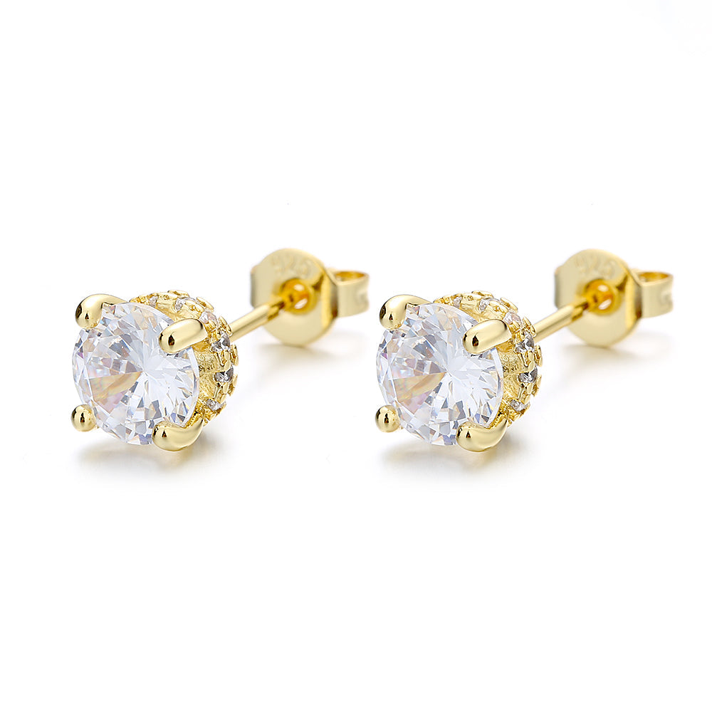 Amy and Annette 14K Gold and Sterling Silver Simulated Diamond Crown Stud Earrings