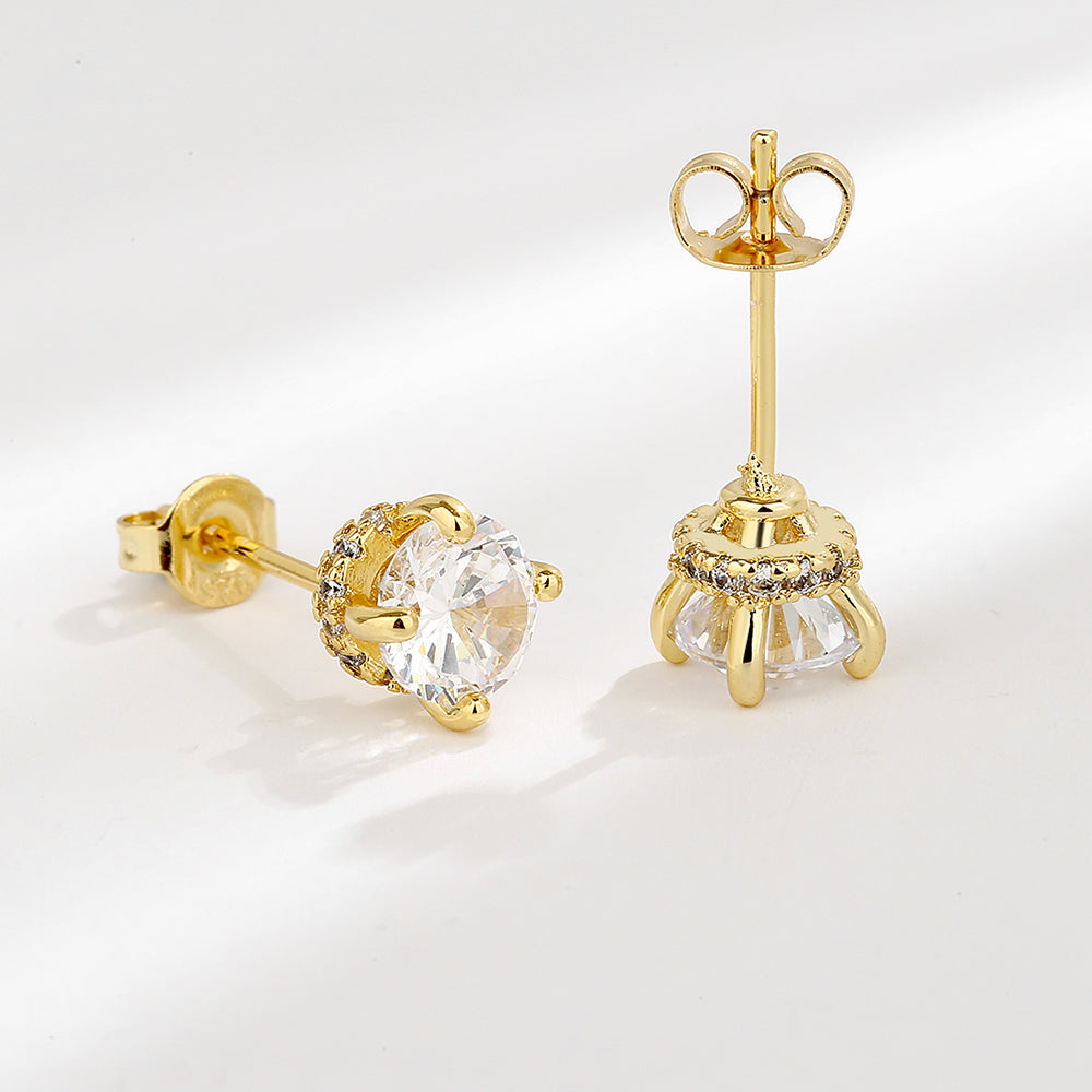 Amy and Annette 14K Gold and Sterling Silver Simulated Diamond Crown Stud Earrings
