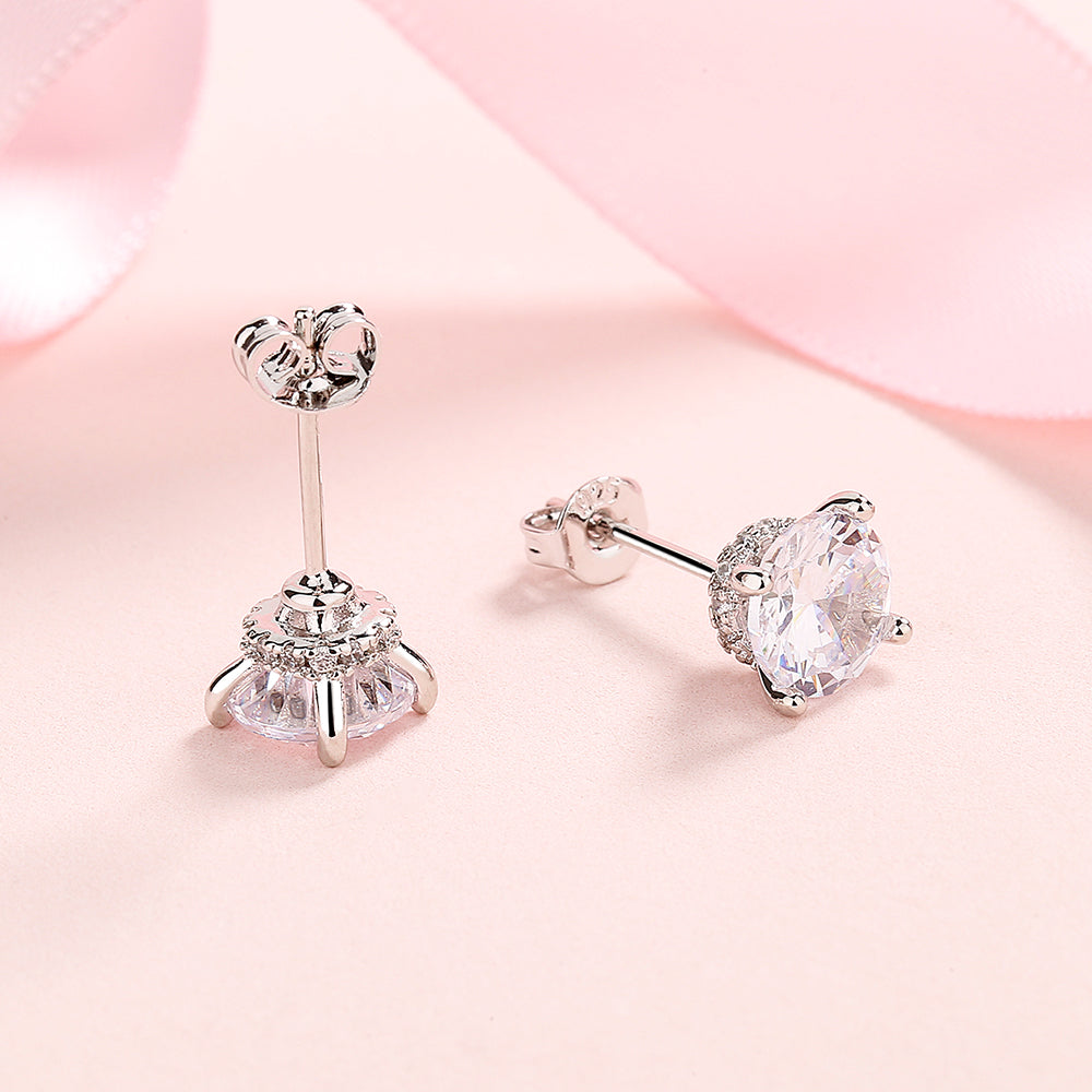 Amy and Annette 14K Gold and Sterling Silver Simulated Diamond Crown Stud Earrings