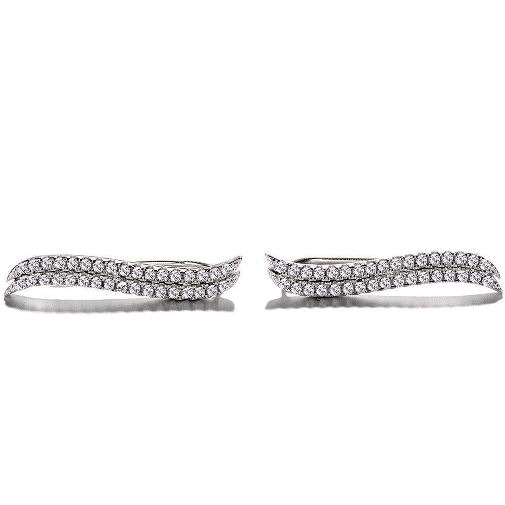 14K White Gold Double Wave Crystal Climber Earrings
