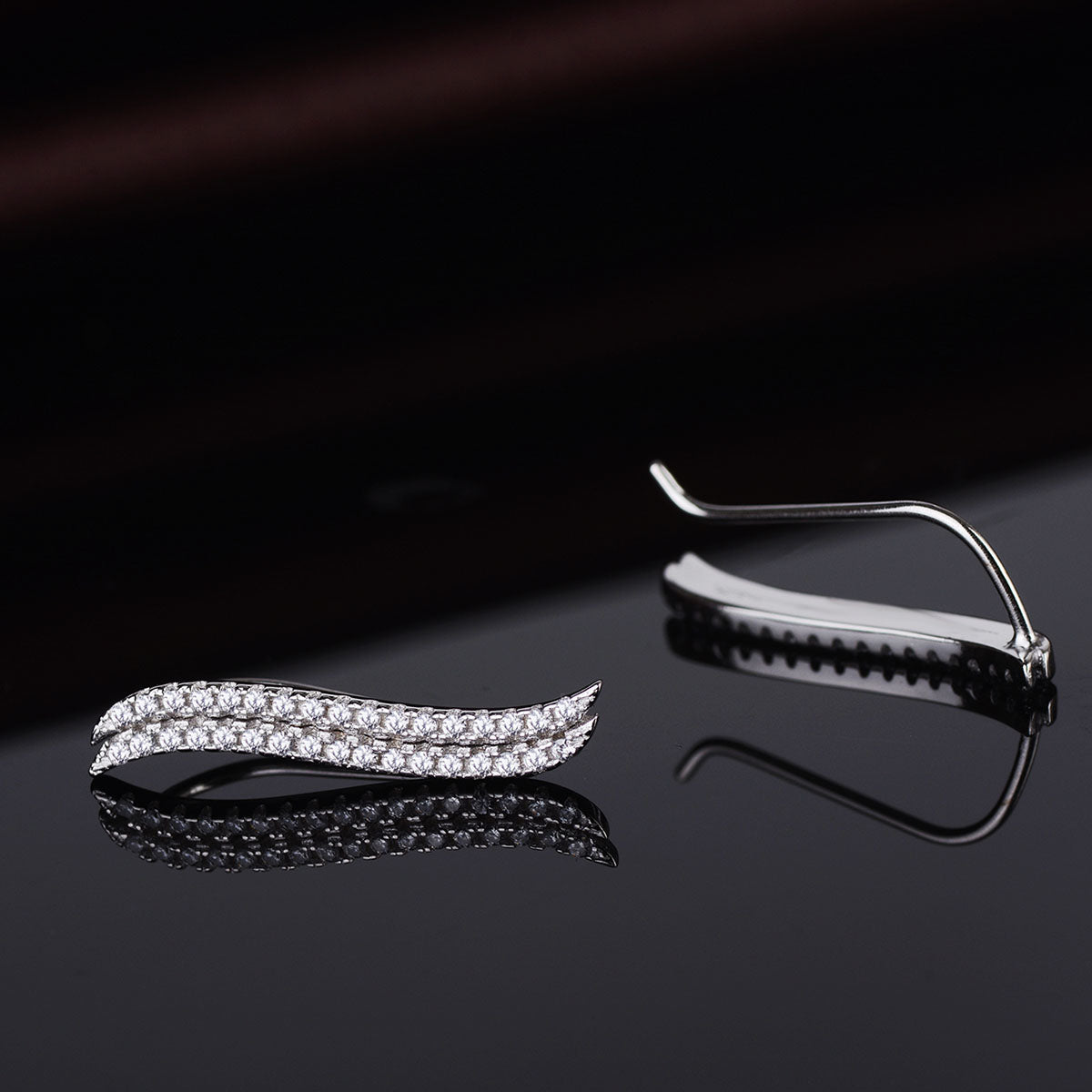 14K White Gold Double Wave Crystal Climber Earrings
