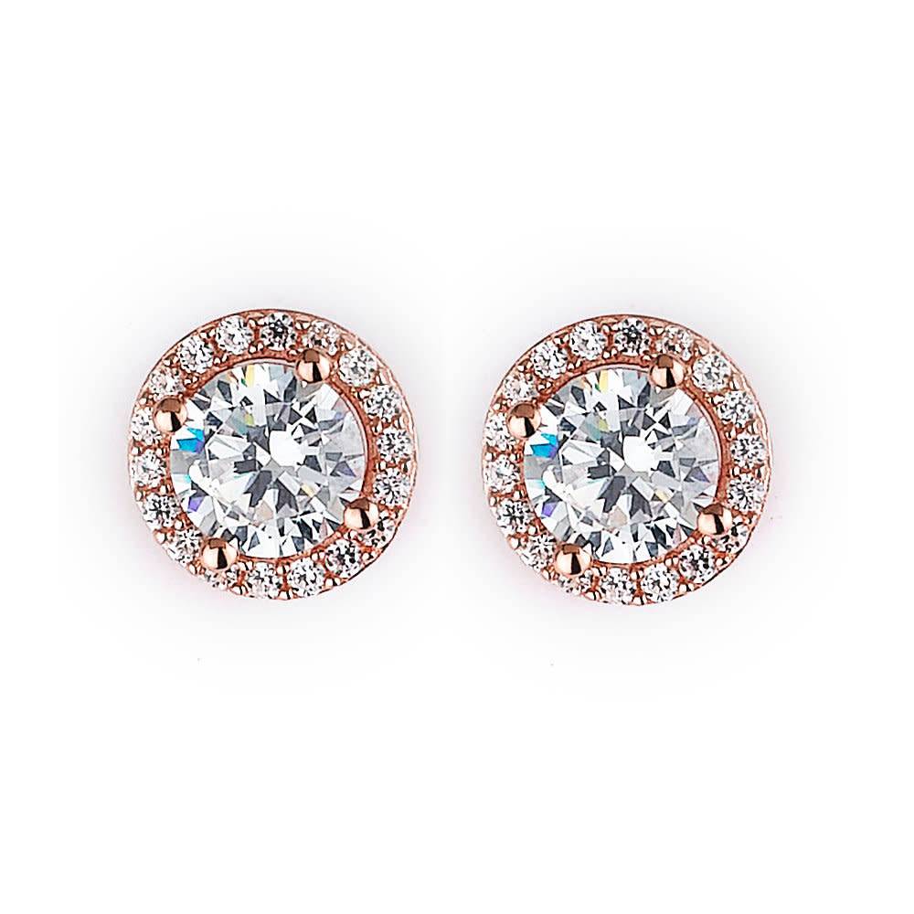 Amy and Annette 14K Gold or Sterling Silver Round Halo Earrings with Crystals