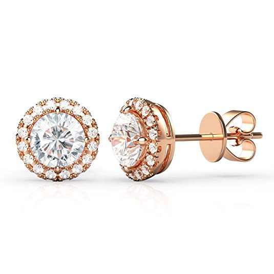 Amy and Annette 14K Gold or Sterling Silver Round Halo Earrings with Crystals