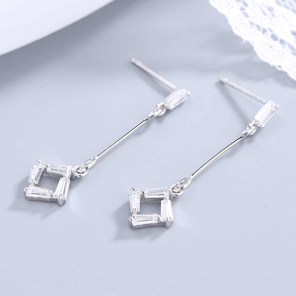 Simulated Diamond Drop Baguette Sterling Silver Earrings