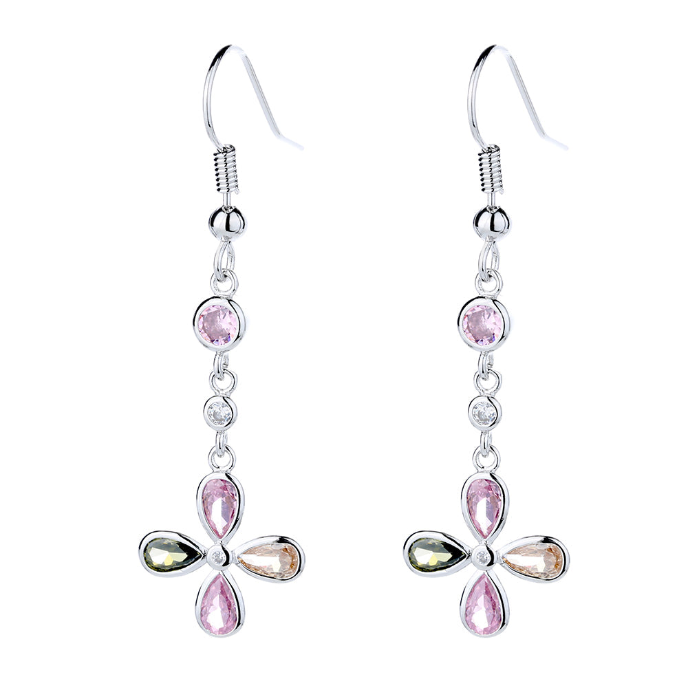 Sterling Silver Multi-Colored Crystal Floral Drop Earrings