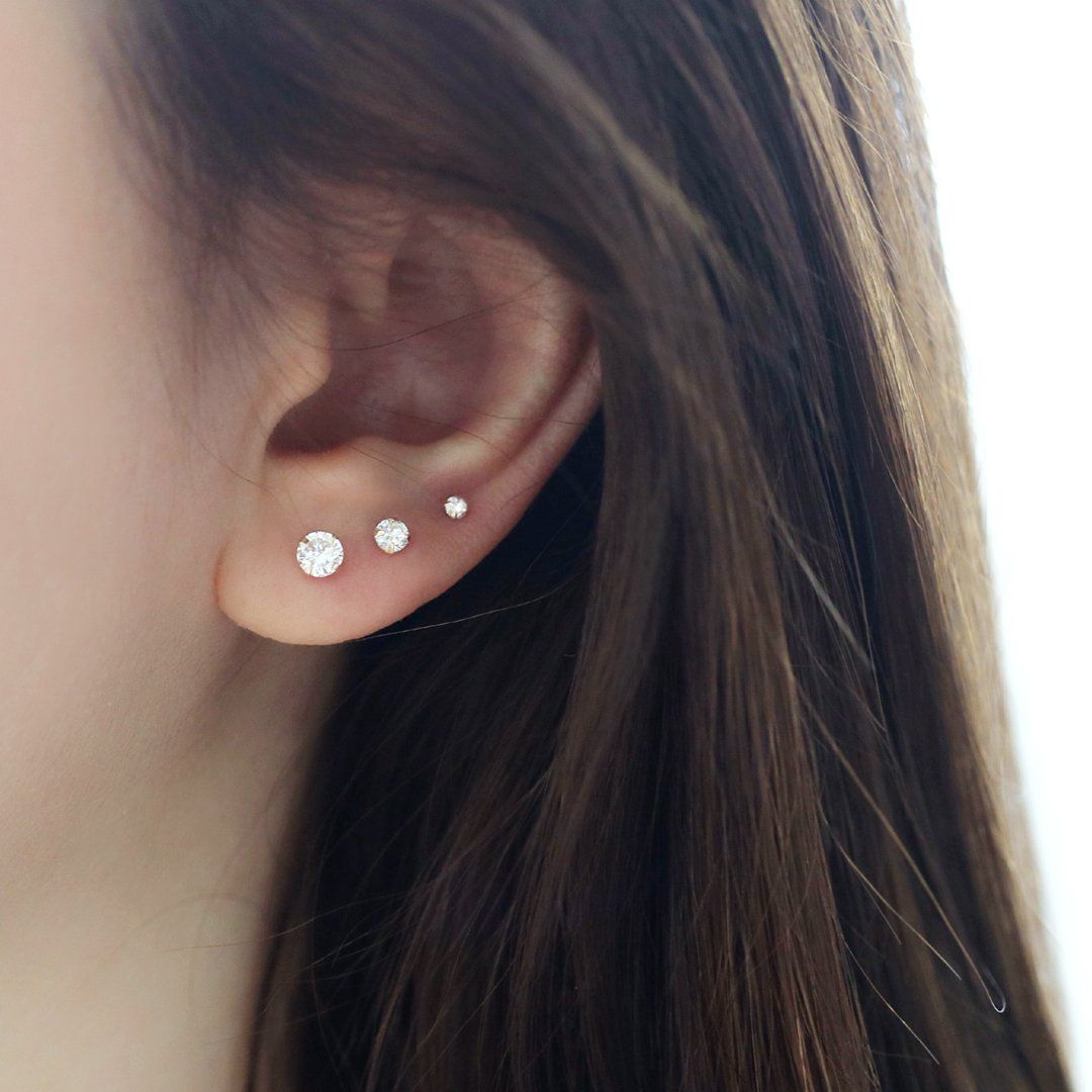 14K Gold over Sterling Silver Stud Earrings with Simulated Diamonds set of 3 (6 total pieces)