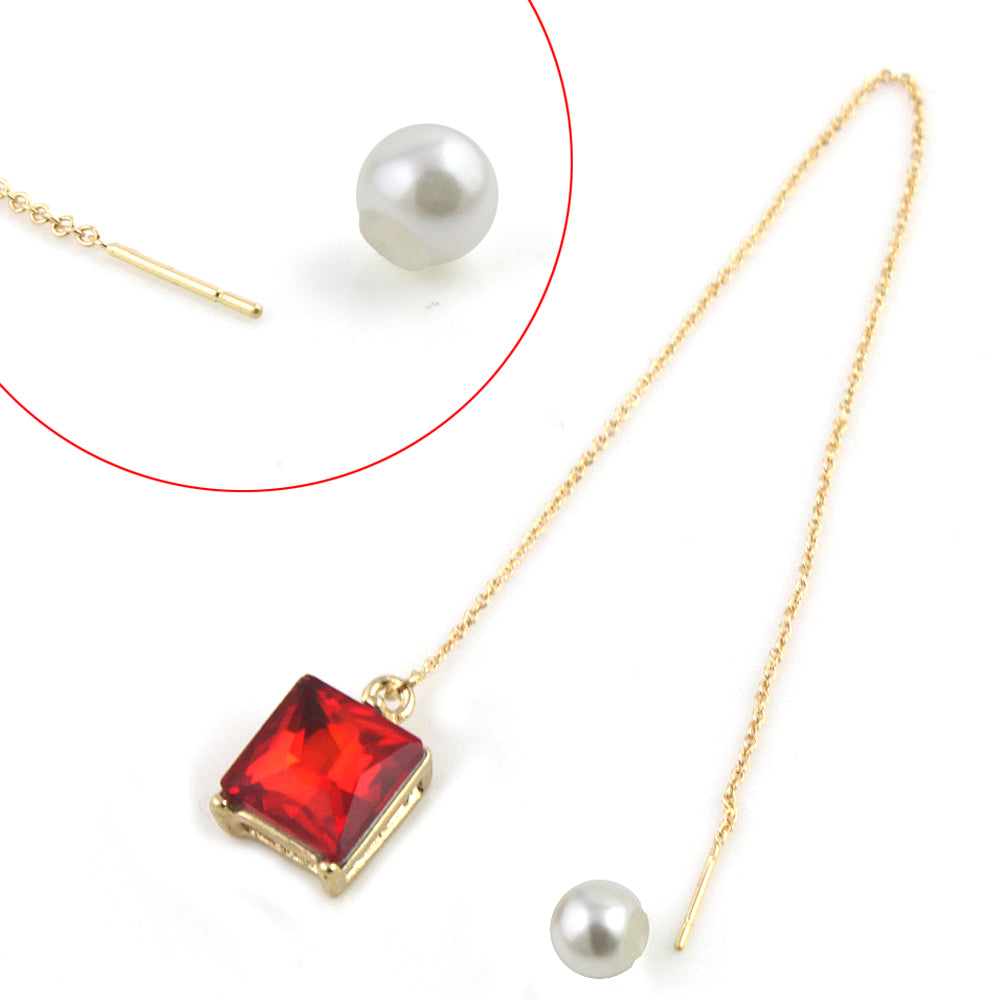 Pull Through Chain Ruby and Pearl Earring