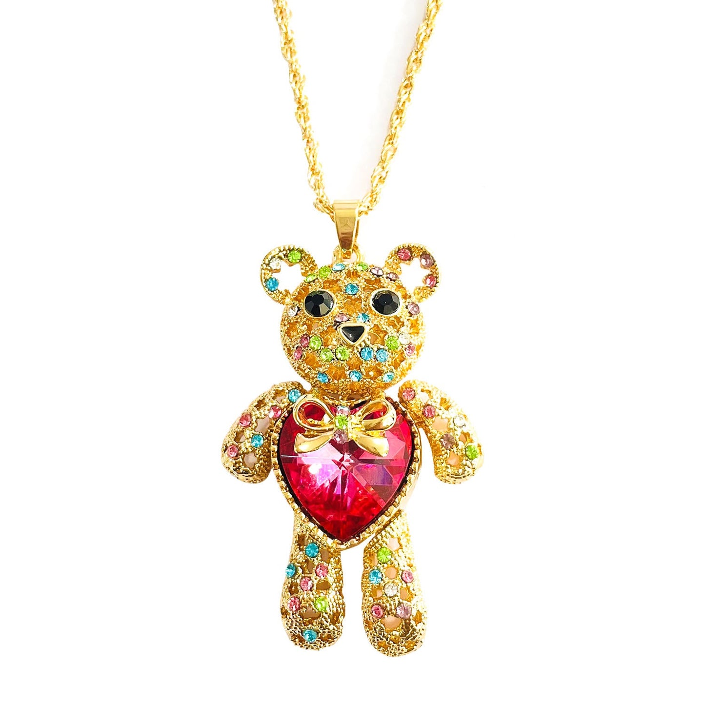 Gold Plated Bear with Heart Pendant Necklace with Simulated Diamonds