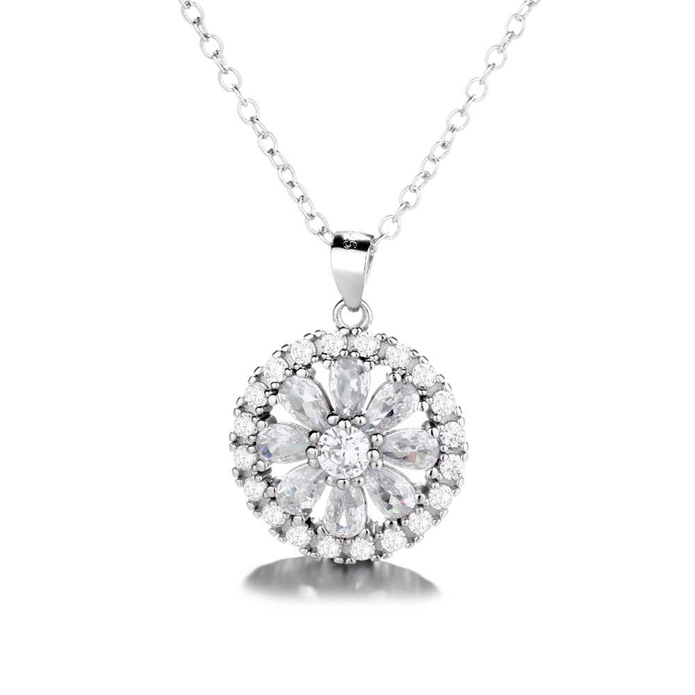 14K White Gold Flower Halo Pendant Necklace with Simulated Diamonds