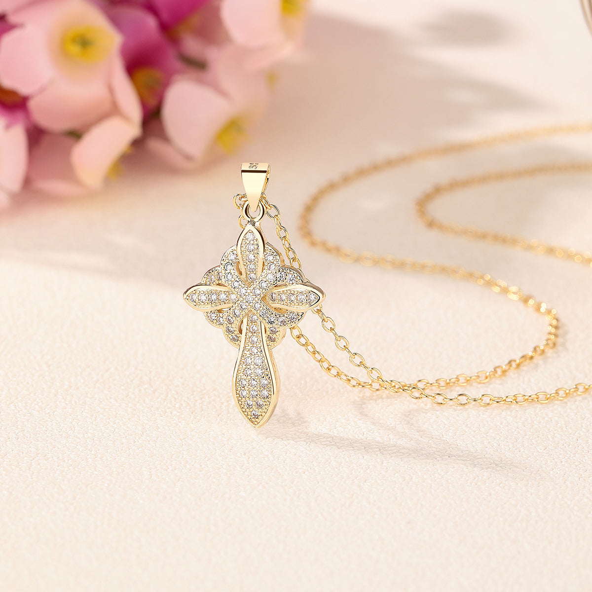 14K Gold And 14K White Gold Studded Cross Pendant Necklace
