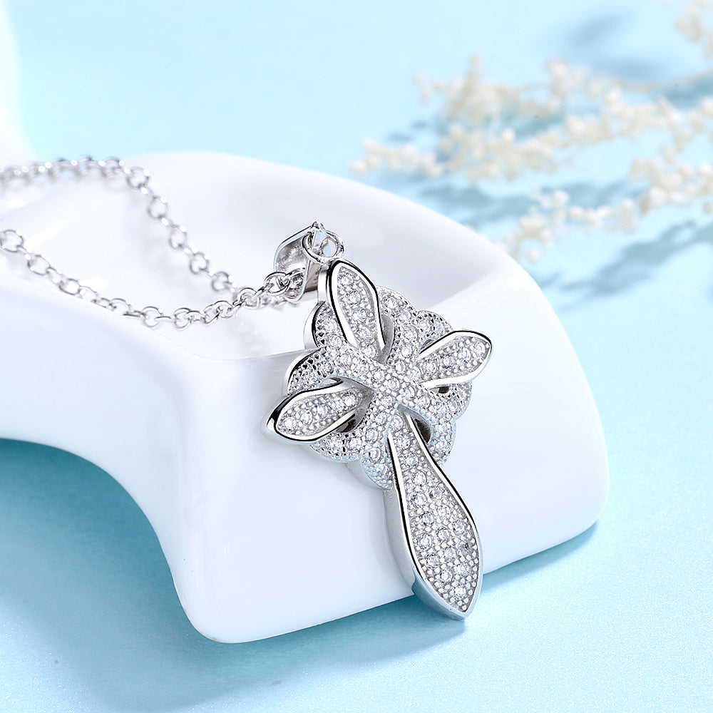 14K Gold And 14K White Gold Studded Cross Pendant Necklace