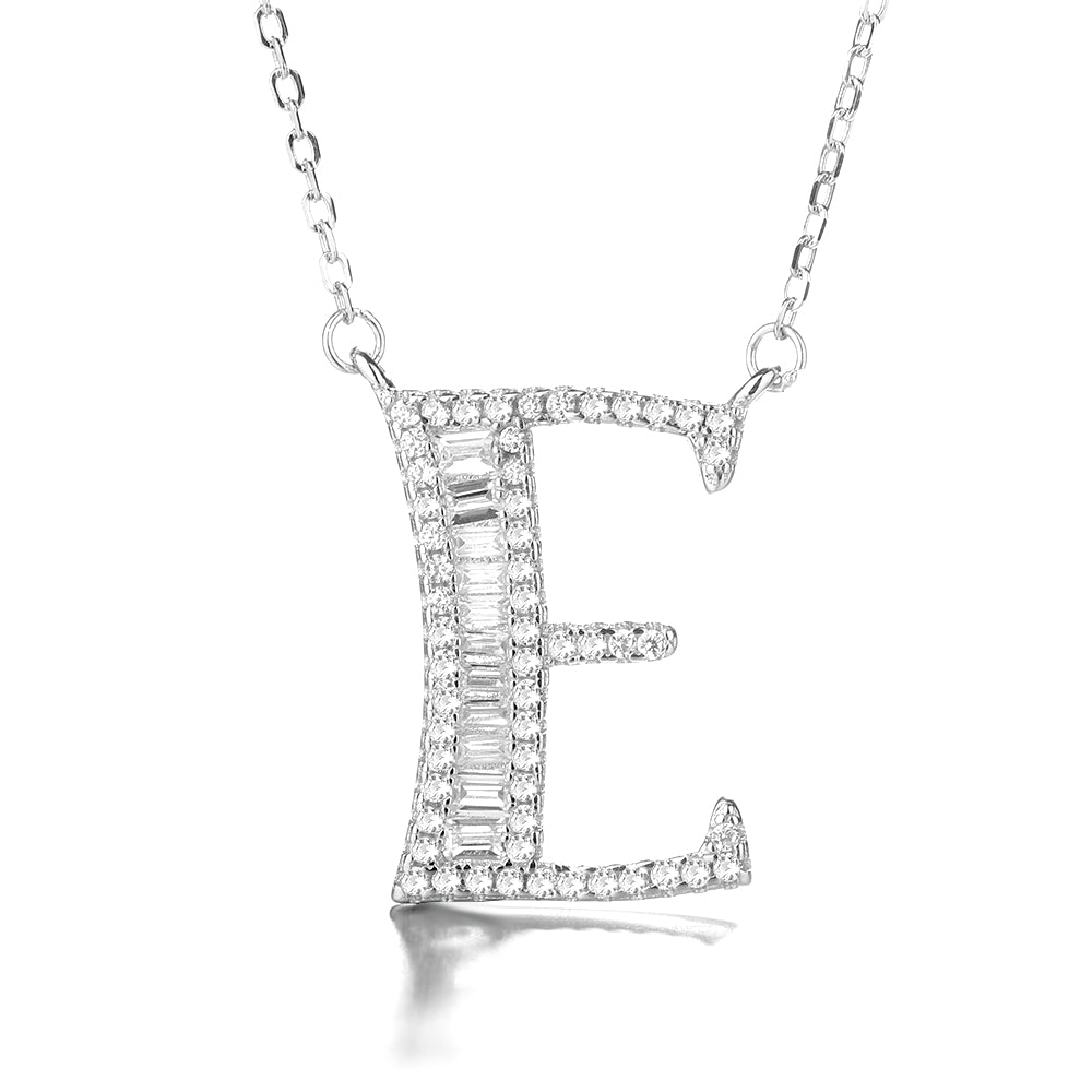 Sterling Silver Initial Pendant Necklace with Simulated Diamond