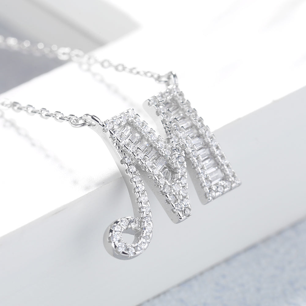 Sterling Silver Initial Pendant Necklace with Simulated Diamond