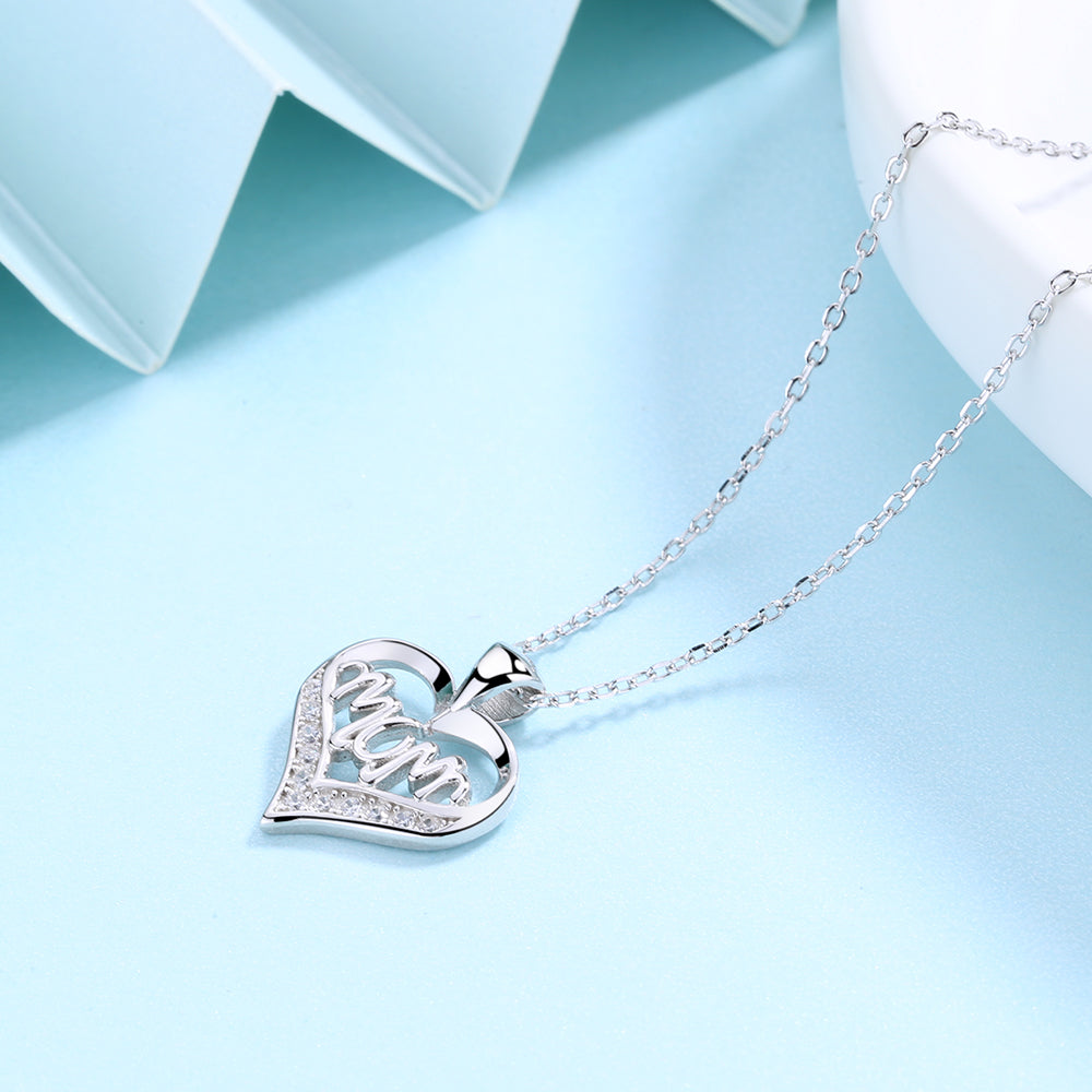 14K Gold or Sterling Silver MOM Heart Pendant Necklace with crystals  (Mom, Mother, Mama - Great Gift)
