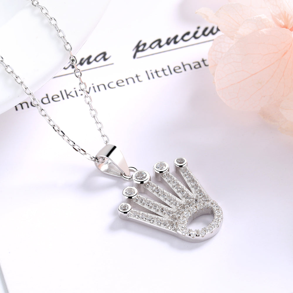 Sterling Silver Crown Pendant Necklace with Crystals