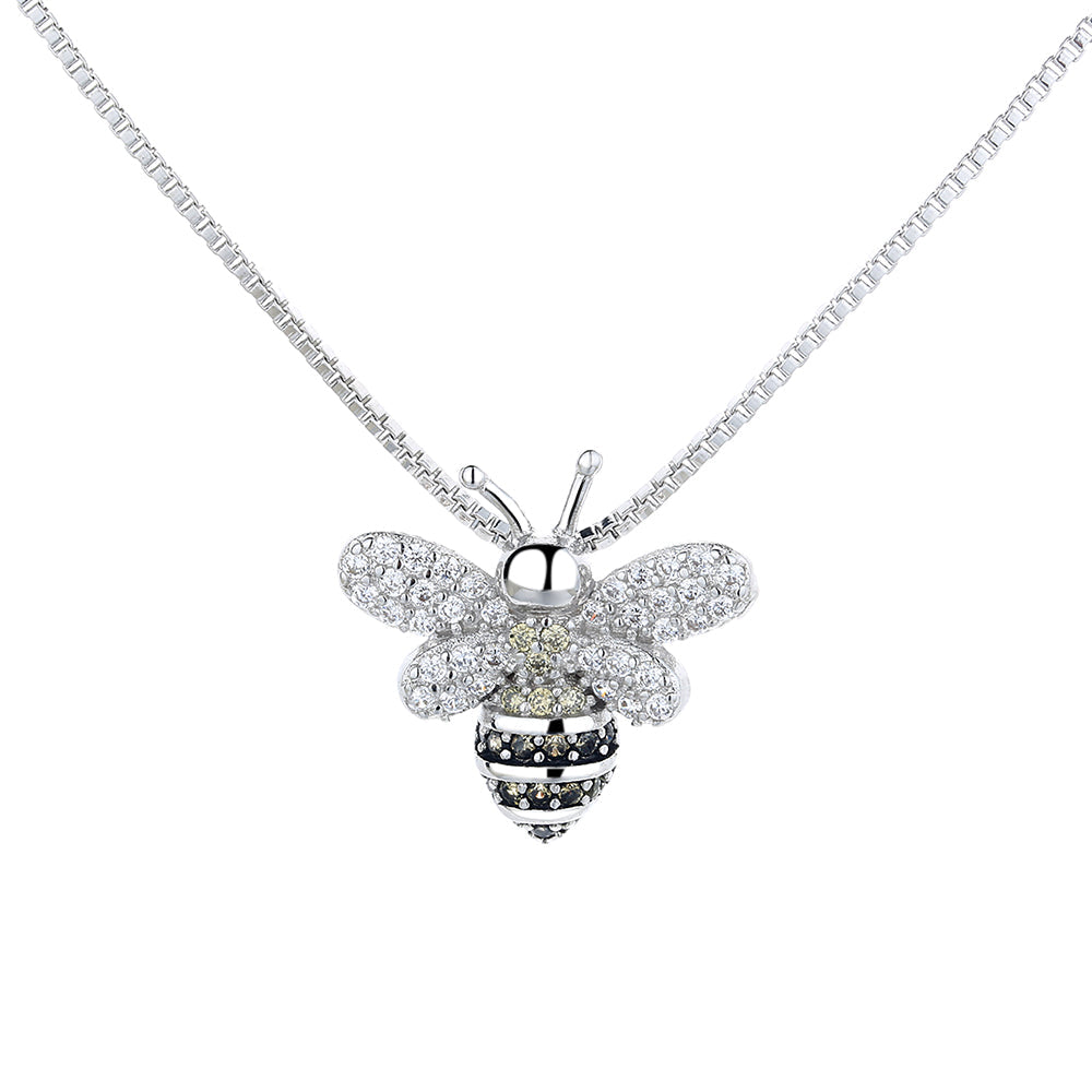 18K White Gold Bee Pendant Necklace with Simulated Diamonds
