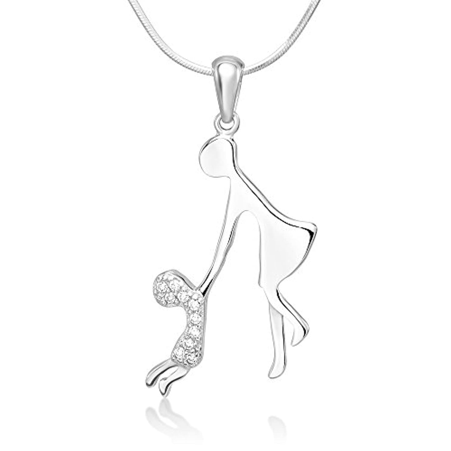 14K White Gold Plated Mother Child Pendant Necklace  (Mom, Mother, Mama - Great Gift)