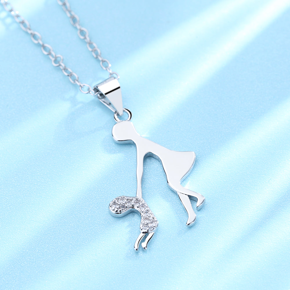14K White Gold Plated Mother Child Pendant Necklace  (Mom, Mother, Mama - Great Gift)
