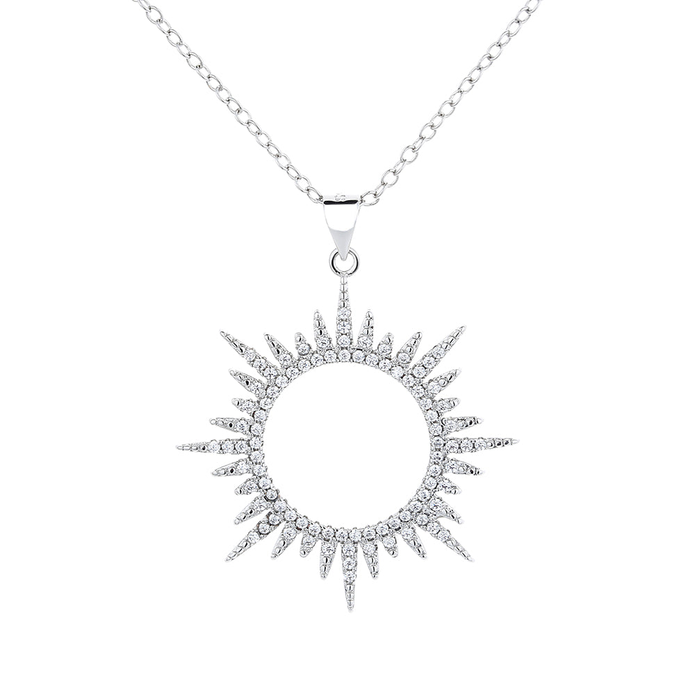 14K Gold and Sterling Silver Sunburst Pendant Necklace with crystals