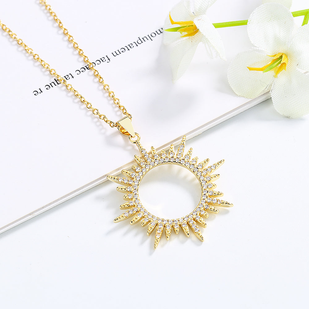 14K Gold and Sterling Silver Sunburst Pendant Necklace with crystals