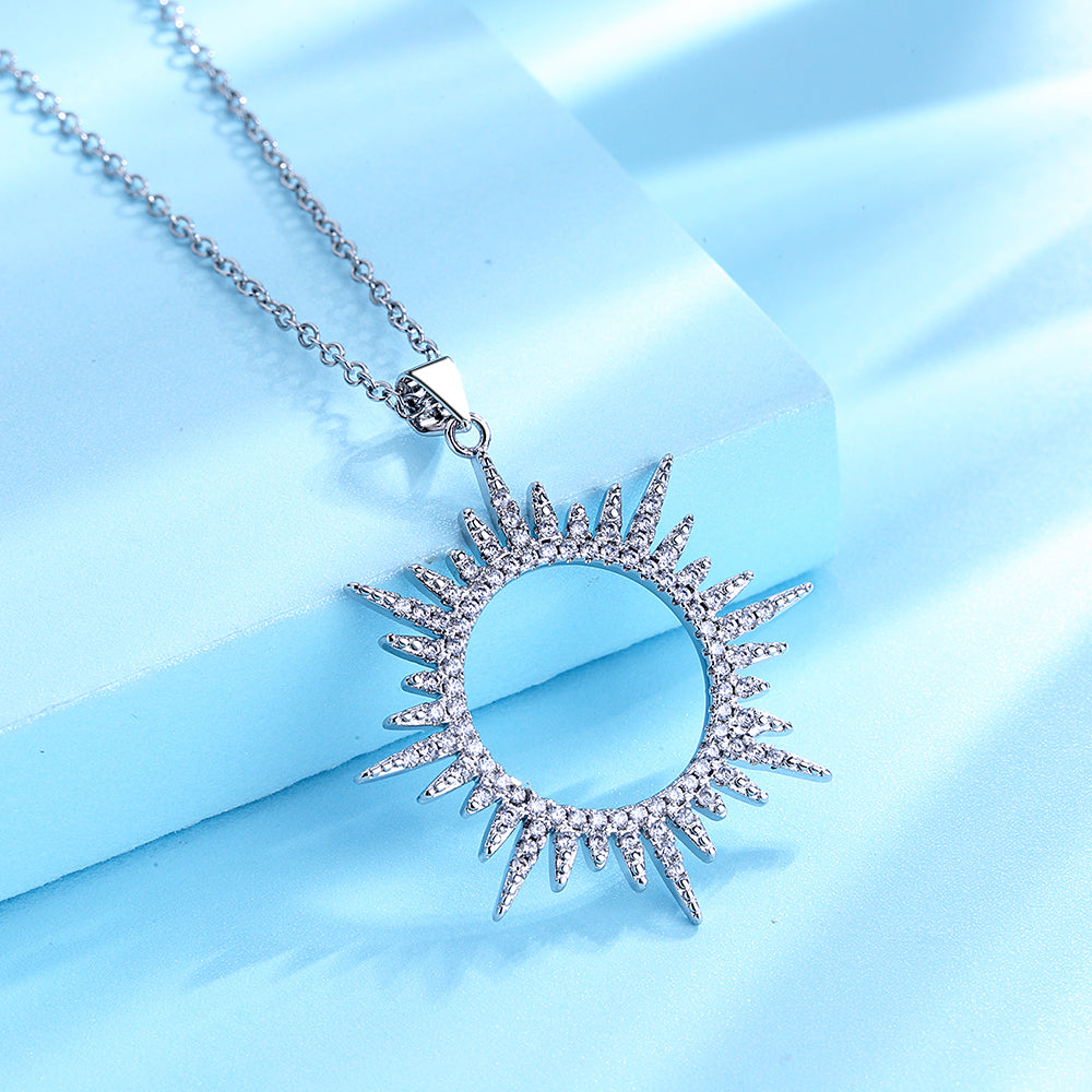 14K Gold and Sterling Silver Sunburst Pendant Necklace with crystals