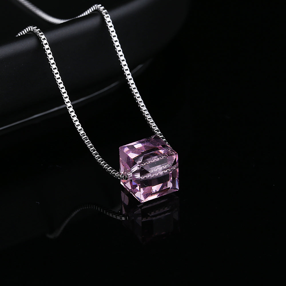 Sterling Silver Cube Pendant Necklace With Amethyst Gemstone